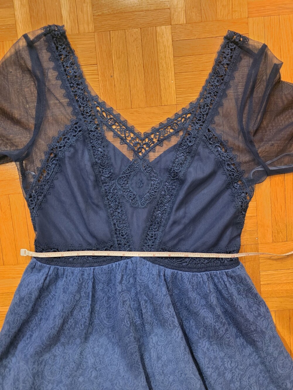 Free People Blue Lace Victorian Fit-and-Flare Dress with Sheer Sleeves - Picture 13 of 14